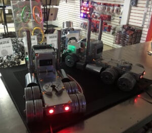 Custom Peterbilt-style truck sculpture made from electrical boxes and hardware