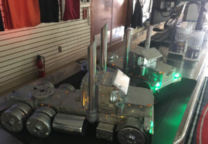 Hand-built metal semi-truck model made from common hardware-store materials